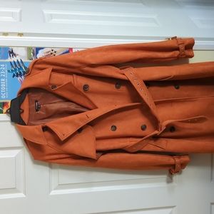 Burnt orange faux suede trench coat from Fashion Nova